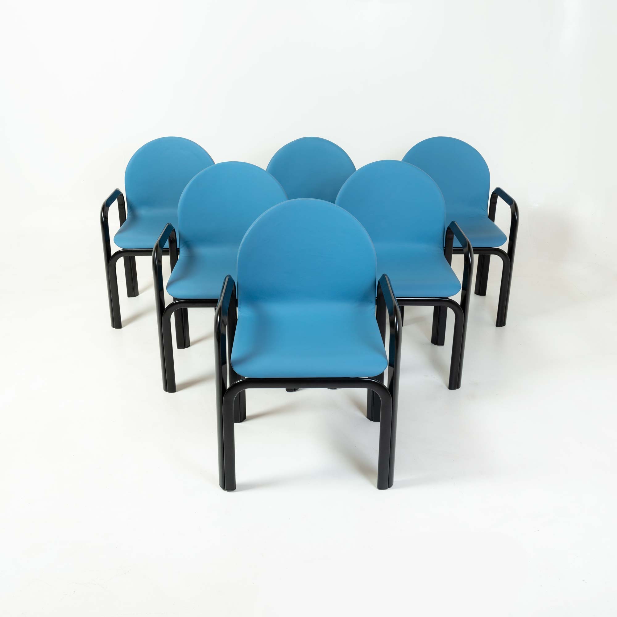 Gae Aulenti Arm Chairs Model 54A in Blue Leather and Black Frame Set of 6