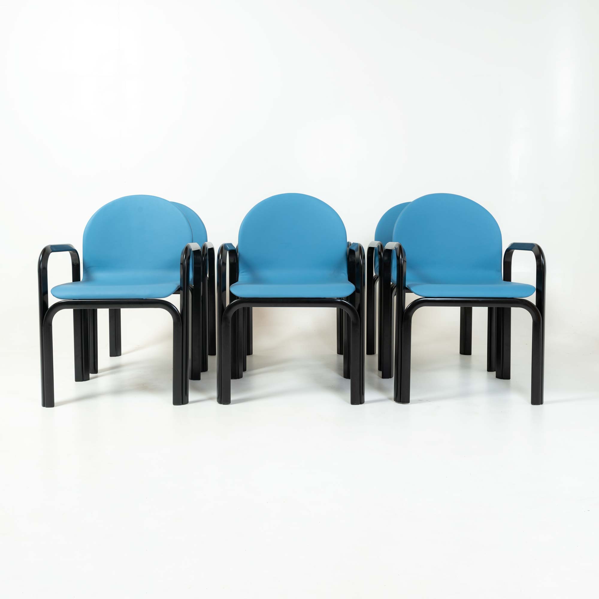 Gae Aulenti Arm Chairs Model 54A in Blue Leather and Black Frame Set of 6