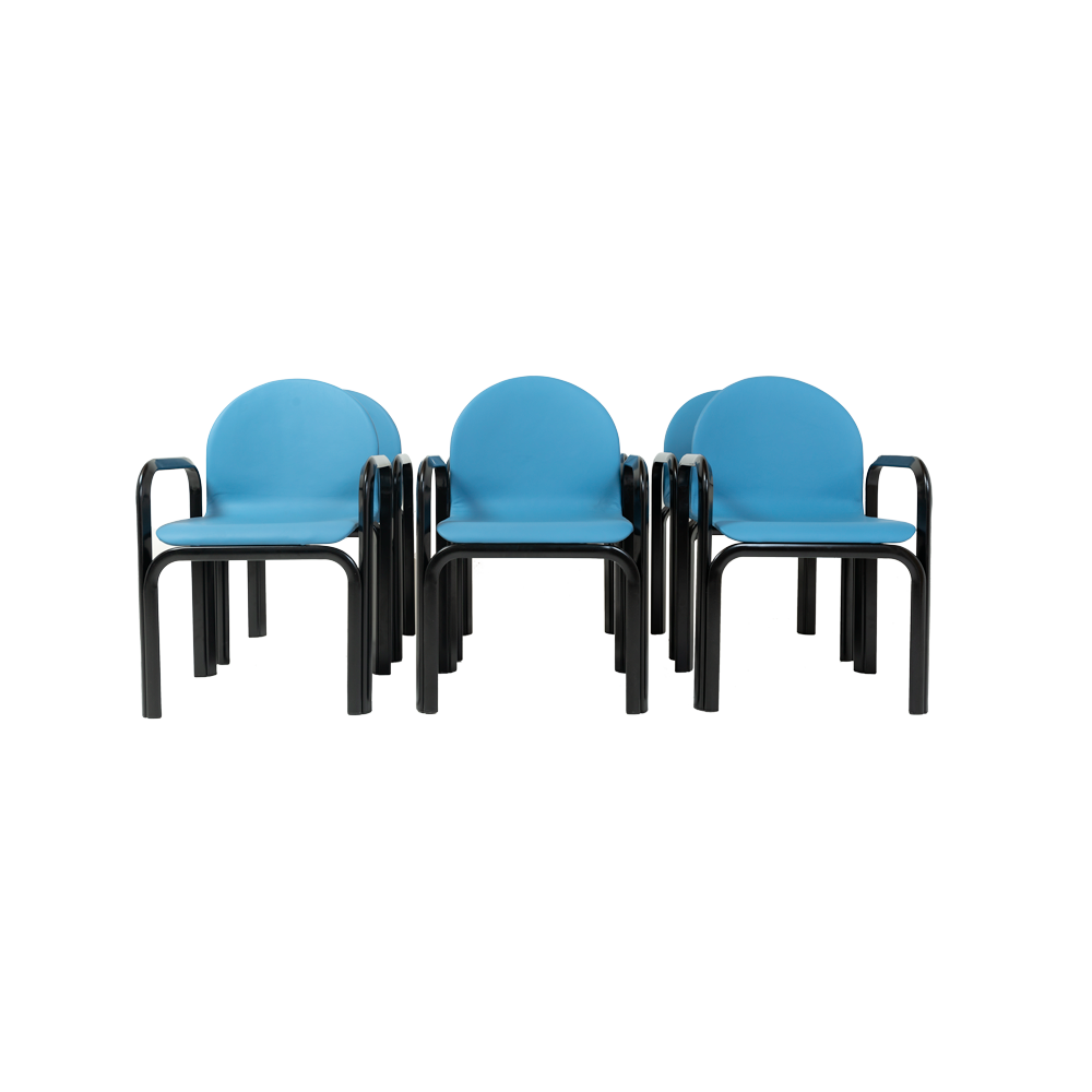 Gae Aulenti Arm Chairs Model 54A in Blue Leather and Black Frame Set of 6