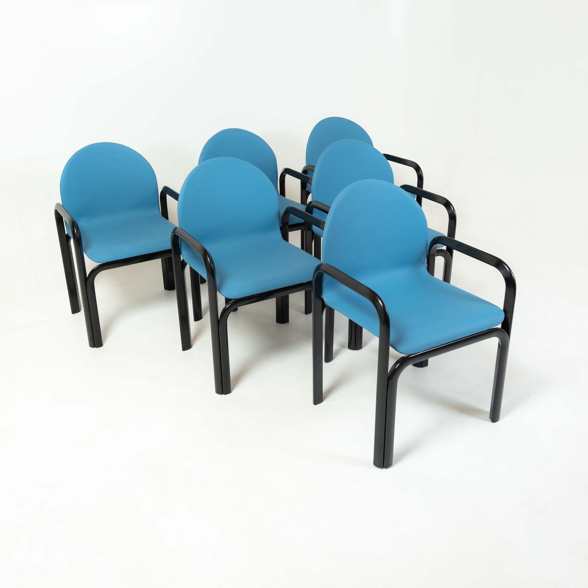 Gae Aulenti Arm Chairs Model 54A in Blue Leather and Black Frame Set of 6