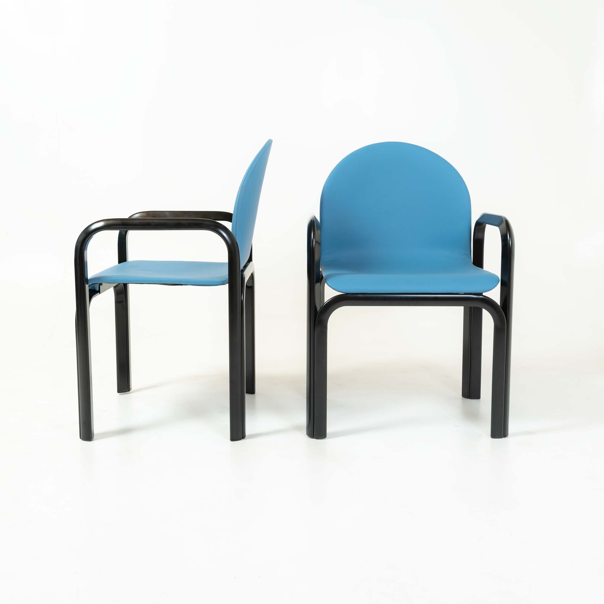 Gae Aulenti Arm Chairs Model 54A in Blue Leather and Black Frame Set of 6